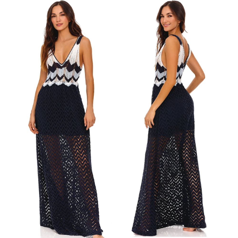 Agua Bendita Ginebra Crochet Sleeveless V-Neck Maxi Long Dress Blue White Small